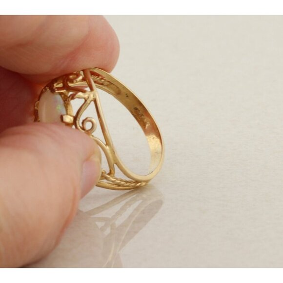 14k Yellow Gold Natural Opal Filigree Ring Size 6 - Picture 7 of 8